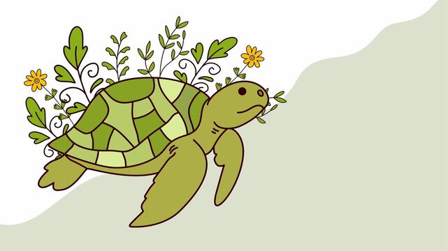 Tortoise walking slowly with blooming flowers and leaves on back