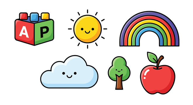 Colorful cartoon apple and tree.