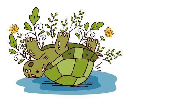 Turtle lying on back in water with flowers on belly
