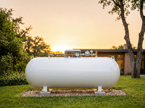Large white propane tank positioned on a green lawn beneath a beautifully warm sunset sky
