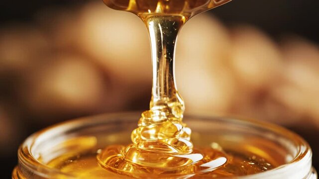 Extreme macro close-up of thick golden organic honey dripping from a wooden honey dipper into a glass jar with visible air bubbles and viscous texture under warm studio light.