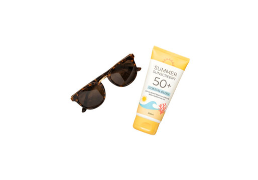 Sunglasses and sunscreen 50+ yellow png on transparent background
