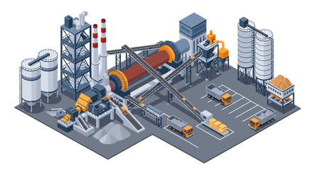 Isometric illustration of an industrial cement manufacturing plant facility. © Budi