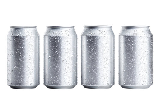 Four silver aluminum beverage cans with water droplets on black background drink liquid