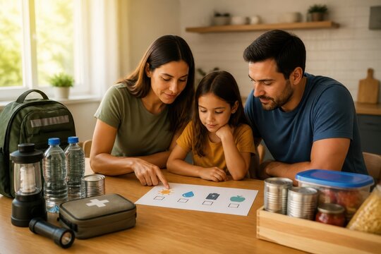 Family preparing emergency supplies and disaster readiness plan at home