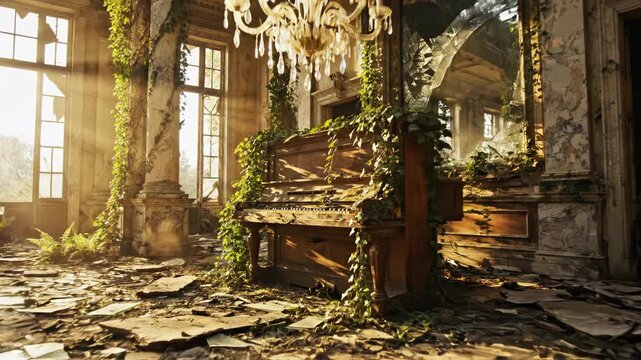 Sunlight streams through broken windows of an abandoned ballroom with a vintage piano overgrown with green plants, shattered glass shards on the floor, and ornate stone columns.