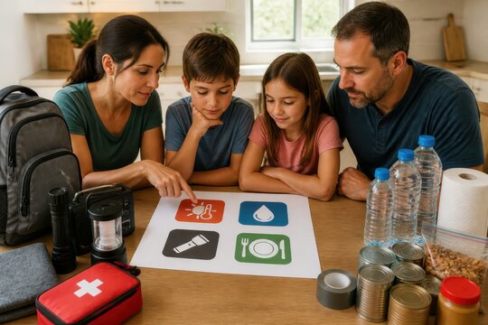 Family preparing emergency survival kit with supplies and checklist at home