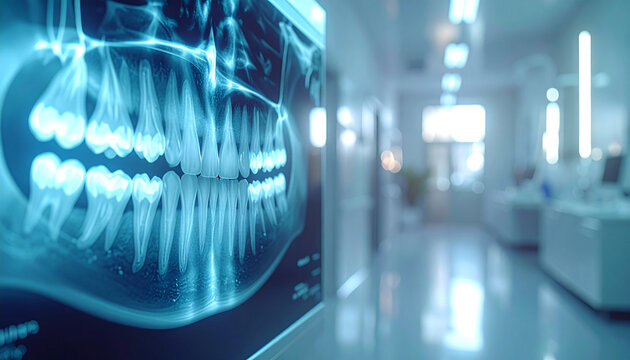 Dental Panorama: A close-up of a detailed dental x-ray offers a glimpse into the intricacies of oral health, set against the blurred backdrop of a modern dental clinic.