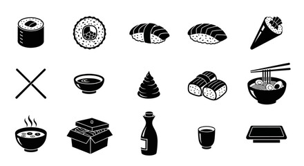 Sushi, Japanese food icons, black vector set, 15 elements, restaurant menu design © London