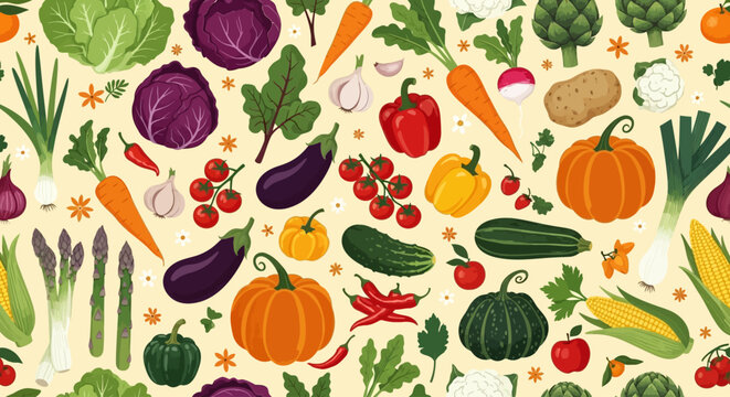 Colorful vegetable pattern, vibrant farm produce illustration, food icons, seamless background