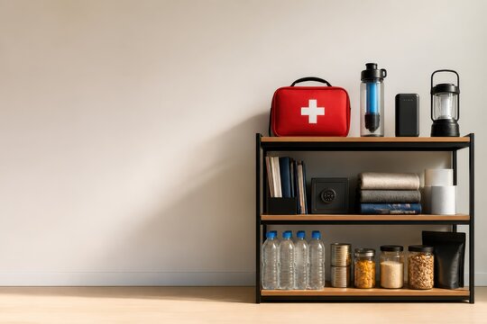 Emergency preparedness kit with water food and survival supplies on shelf