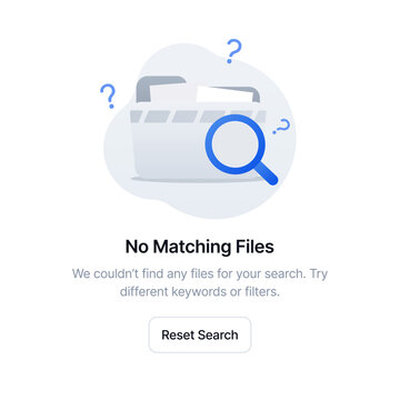 A file folder with a magnifying glass and question marks representing a "no matching files" search result or empty data state for web and app interfaces. Vector illustration.