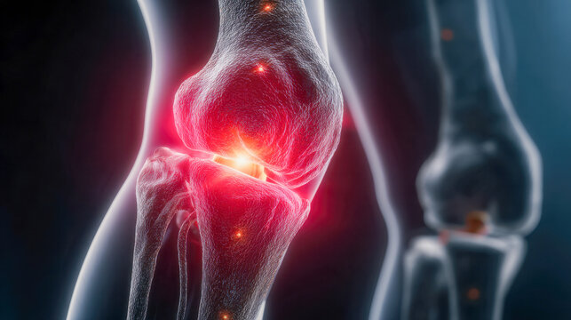 Detailed digital illustration of a human knee joint highlighting inflammation and pain points with glowing red areas signaling joint discomfort and injury symptoms