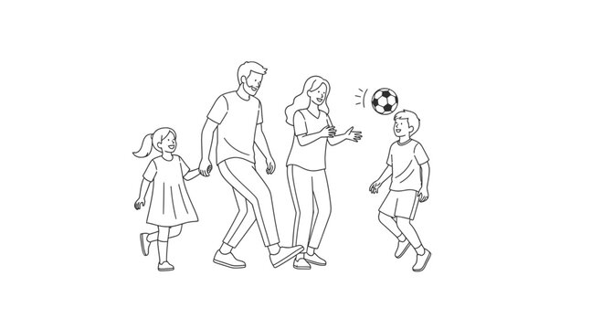 Happy Family Playing Soccer Together Outdoors, Line Art Illustration