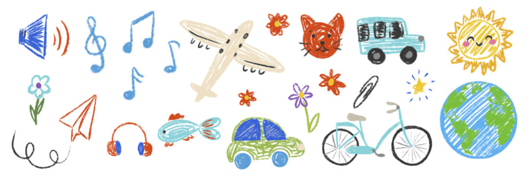 Hand Drawn Set of Educational Kids Doodles with Cat, Car and Music. Aesthetic Crayon and Chalk Collection for School and Nursery. Naive Childlike Vector Illustration on White Background.