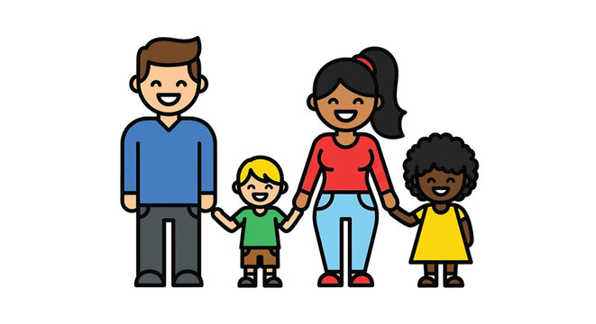 Diverse family holding hands together smiling.
