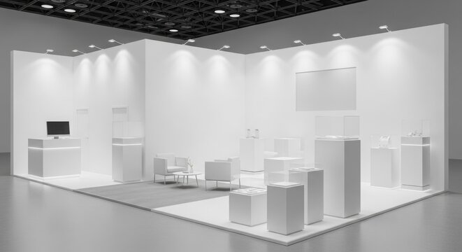 A modern, empty white exhibition booth with spotlights and display pedestals in a large convention hall, ready for a trade show.