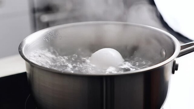 Closeup of an egg boiling in a pot of water on a stovetop.