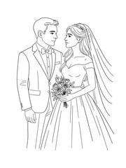 Para młoda – elegancka ilustracja ślubna, panna młoda i pan młody, styl line art © Monika