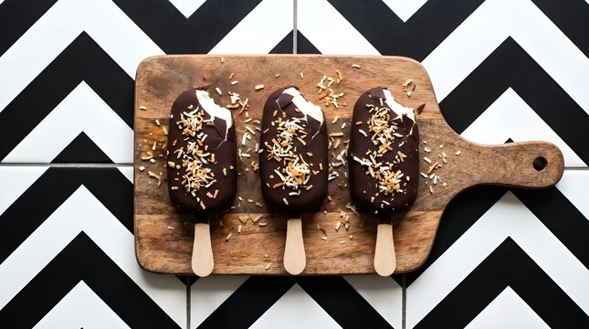Three chocolate ice cream bars with coconut flakes on wooden board