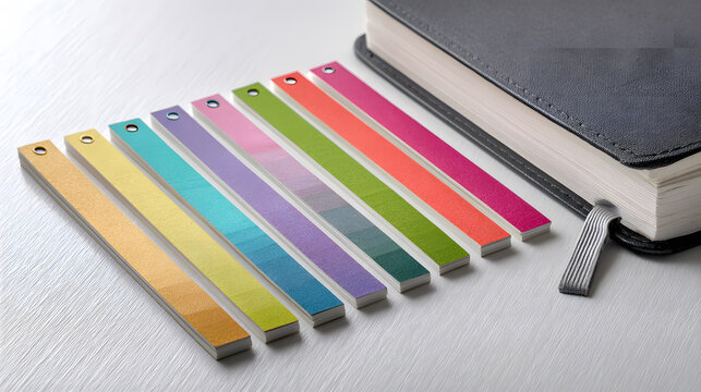 Colorful bookmark collection neatly arranged beside a closed diary on a white background 