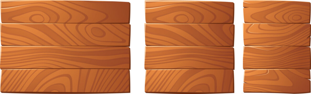 Set of cartoon wooden planks and signboards, brown timber boards with grain texture for game UI elements, empty rustic banners isolated on white background