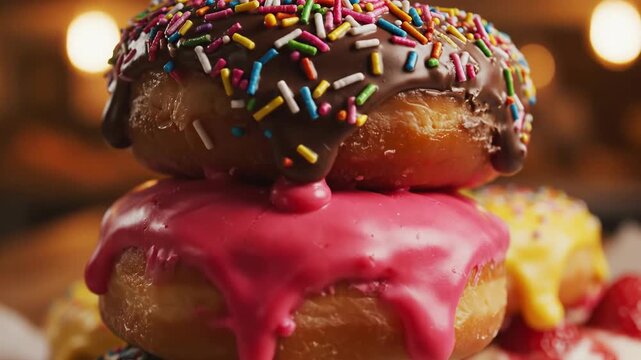 Close-up view of a vertical stack of three assorted donuts featuring chocolate, pink dripping glaze, and blue frosting with colorful sprinkles on a blurred bakery background.