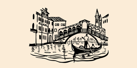 Venice canal scene black ink sketch with gondola and bridge © KrishnaPada