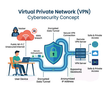 Virtual Private Network cybersecurity concept illustration with icons