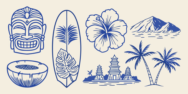 tropical icons set including tiki mask surfboard and hibiscus flower