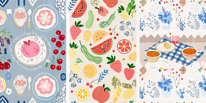 fruit and vegetable patterns vibrant illustrated panels