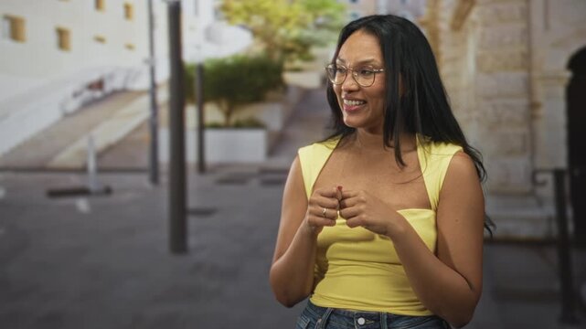 Young hispanic woman in a yellow top and glasses points fingers and laughs, bare shoulders visible in front of a sunlit stone street with steps and planter; playful joy.