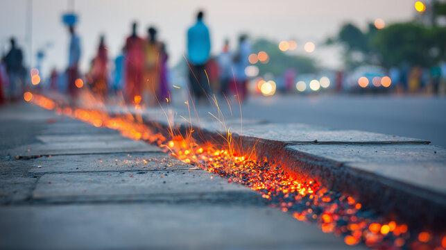 People participate in Fire Walking Festival on a street with glowing embers
