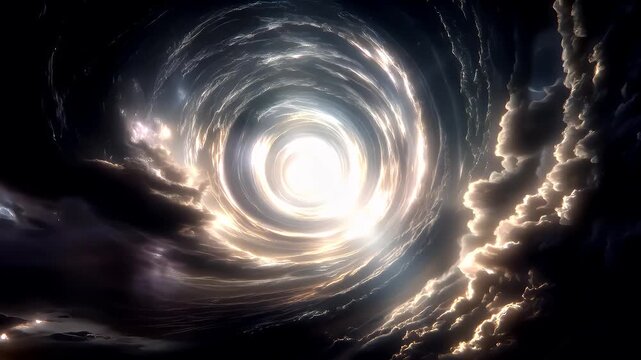 Black hole, fantasy, mysterious. A vivid digital artwork depicts a cosmic scene. A swirling vortex of light and shadow forms the central subject, surrounded by dark, stormy clouds.