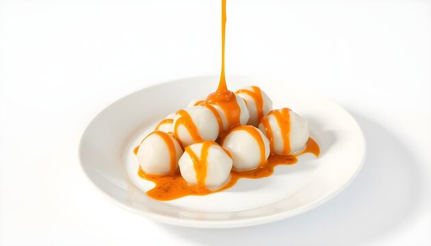 Cilok with Fusion Sauce. Indonesian cilok with modern fusion sauce presentation, tapioca balls drizzled with spicy and creamy sauce, minimalist plating, soft daylight