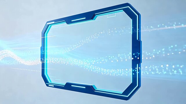 Futuristic blue holographic frame with glowing edges and floating light points in virtual space