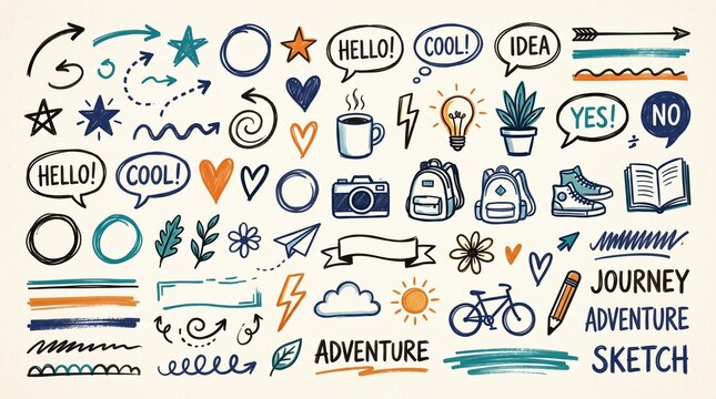 Hand drawn travel and creative doodle collection on white background