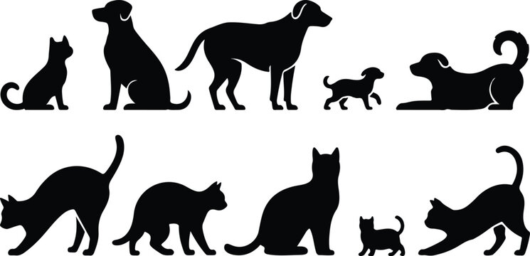 Dog and cat silhouette vector set featuring various pet breeds in standing sitting and playing poses isolated on white.