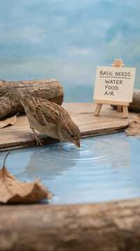 A small brown bird drinking from a puddle of water on a wooden platform with a sign that reads basic needs in the background basic needs of living things