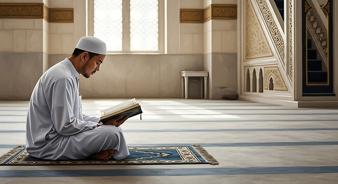 Devout Muslim man wearing a white thobe and prayer cap sitting on a traditional rug reading the Quran inside a peaceful mosque with ornate architectural details and soft lighting.