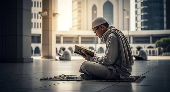 Young Muslim man wearing a traditional white thobe and kufi sitting on a prayer mat reading the Holy Quran in a modern mosque courtyard with soft sunlight and pilgrims in background.