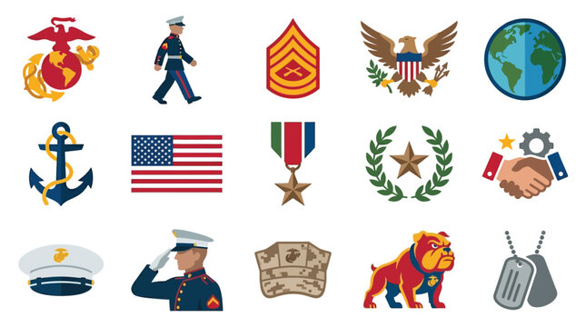 Collection of United States Marine Corps symbols, military insignia, and patriotic emblems.