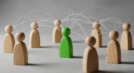 Networked Leadership: A Green Figure Standing Out Among Wooden Figures in a Social Connection Concept on a Gray Background