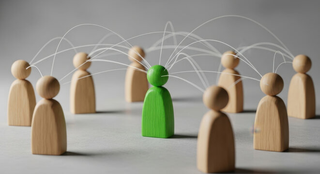 Networked Leadership: A Green Figure Standing Out Among Wooden Figures in a Social Connection Concept on a Gray Background