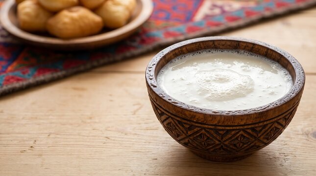 Shubat, traditional Kazakh fermented camel milk drink, served in traditional Kazakh wooden bowl (piala) with subtle carved patterns