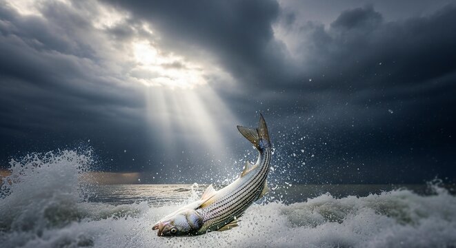 Dramatic Striped Bass Jumping Through Ocean Waves Under Storm Clouds and Sun Rays, Dynamic Fishing Wildlife Scene