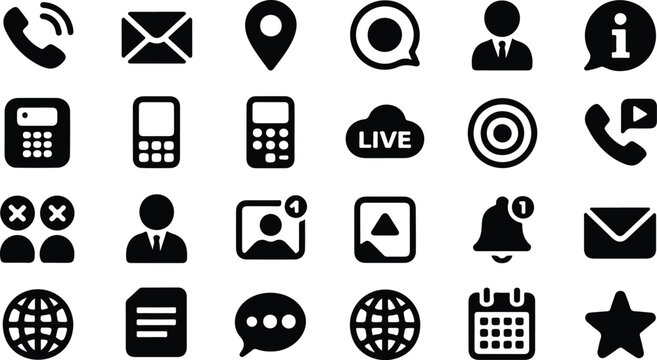 Contact us and communication icon set including telephone email location user profile chat message and social media web ui symbols.