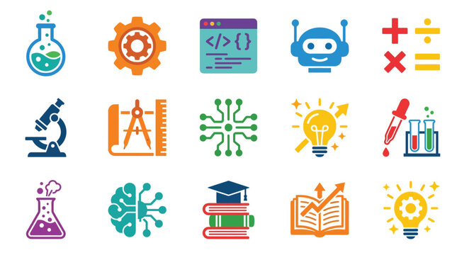 A vibrant collection of STEM icons representing science, technology, engineering, and mathematics education and innovation.
