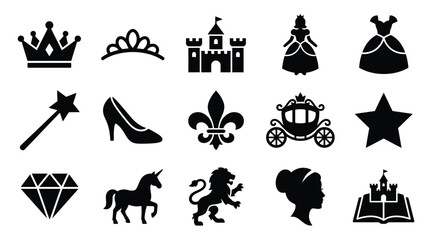 A collection of black silhouette icons representing elements of a fairy tale or princess theme, including crowns, castles, dresses, and magical objects. © GJ