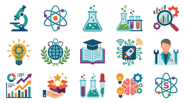 Collection of science and technology icons representing innovation, research, education, and data analysis.